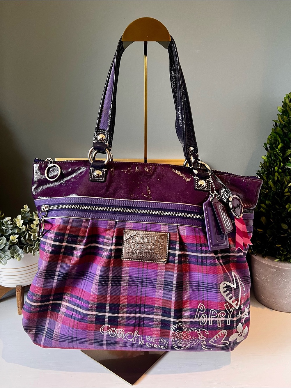 Coach Poppy Tartan Plaid Glam Tote Purple Pink Y2K Preppy Shoulder Bag
